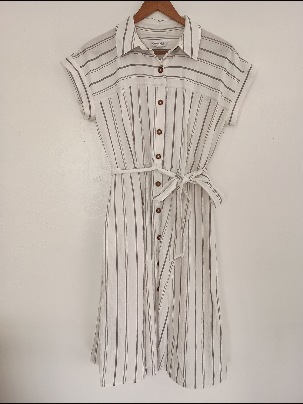 Calvin Klein White Midi Shirt Dress with Gray Stripes